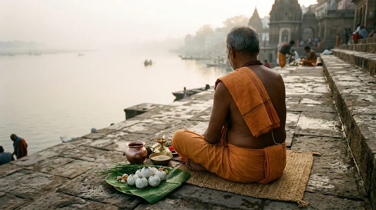 Pind daan offerings with til and kusha grass on the ghats of the Falgu river at Gaya at sunrise