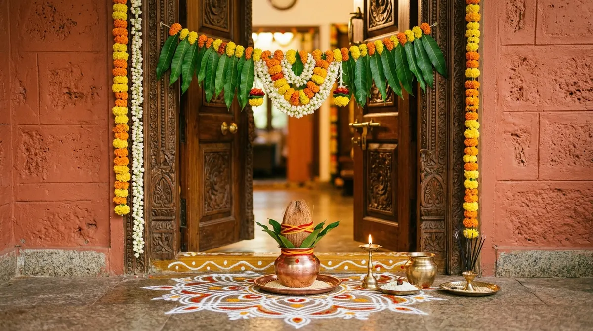 Decorated doorway of a new home with mango-leaf toran, kalash and rangoli for Griha Pravesh pooja