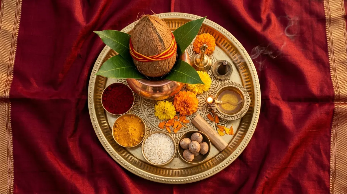Griha Pravesh pooja samagri arranged on a brass thali: kalash, coconut, mango leaves, roli, rice and diya