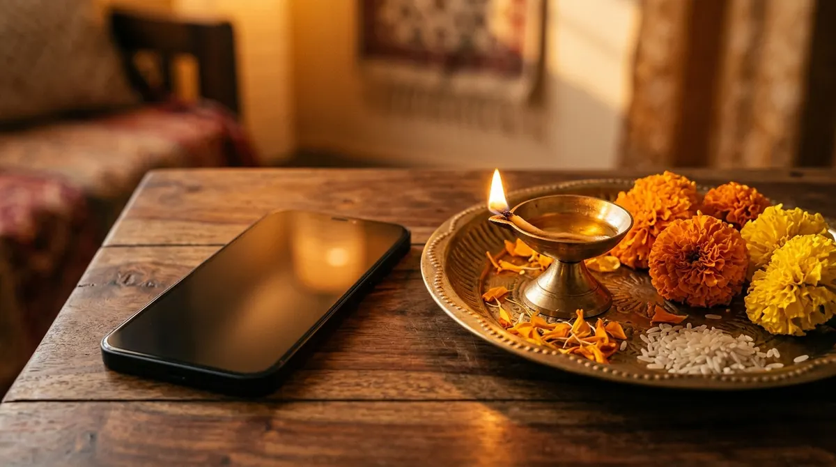 Smartphone beside a brass pooja thali with diya and marigolds, booking a pandit online