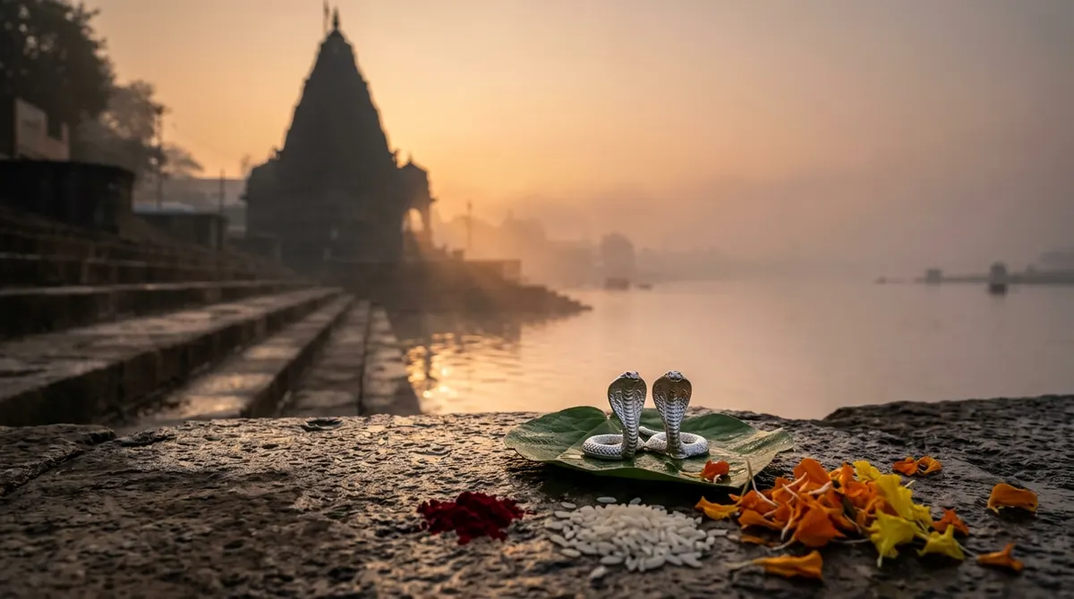Riverside temple ghats at dawn with a naag-naagin offering for Kaal Sarp Dosh nivaran