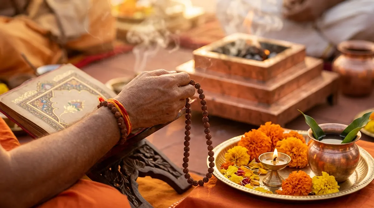 Rudraksha mala held over a Sanskrit pothi for Mahamrityunjay jaap with a havan kund behind