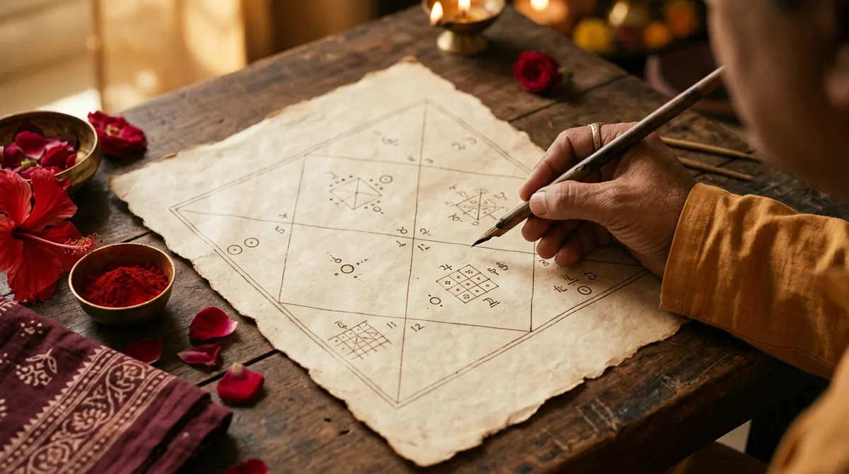 Traditional North Indian kundli chart with red sindoor and flowers for Mangal Dosh analysis