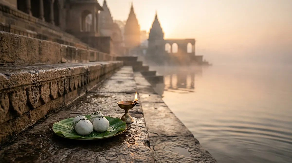 Ancient temple ghat at dawn with oil lamps and three rice pinds for Narayan Bali and Tripindi Shradh
