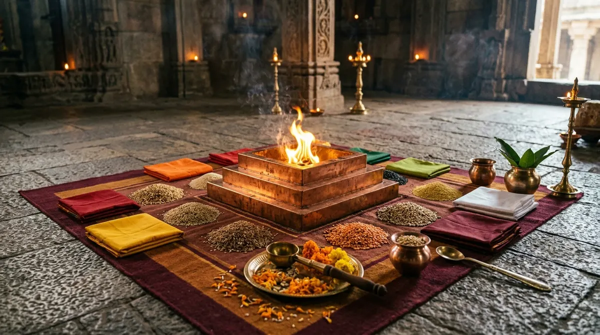 Havan kund surrounded by nine coloured grains and cloths for Navgrah Shanti pooja