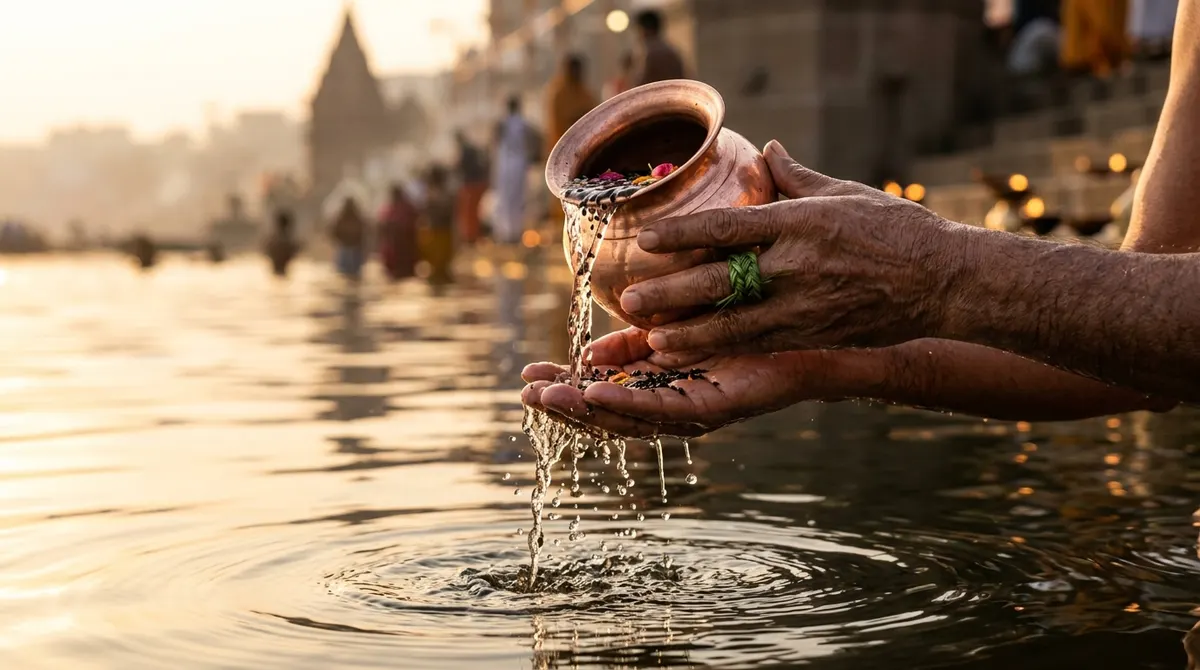 Tarpan with black til and water poured from a copper vessel at a river at sunrise