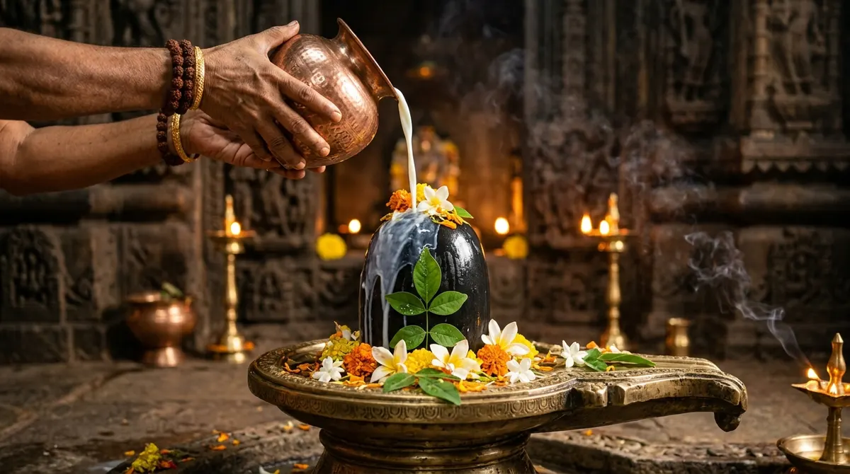 Milk being offered on a shivling with bel patra and white flowers during Rudrabhishek