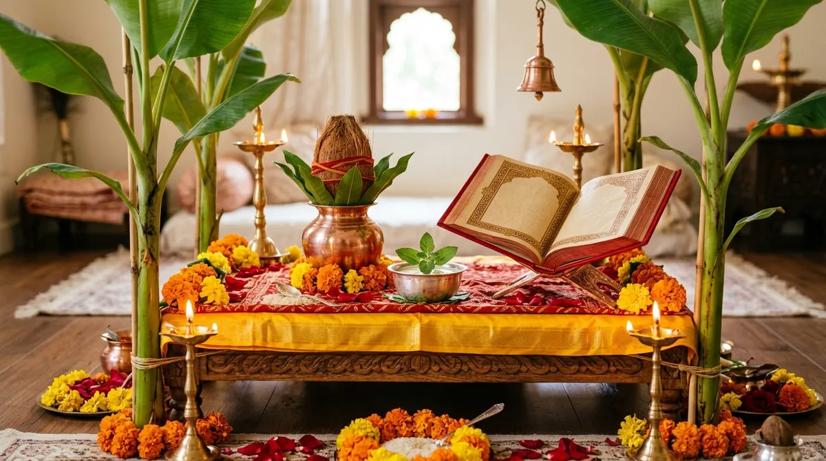 Home setup for Satyanarayan Katha with banana leaves, kalash, panchamrit and diyas on a wooden chowki
