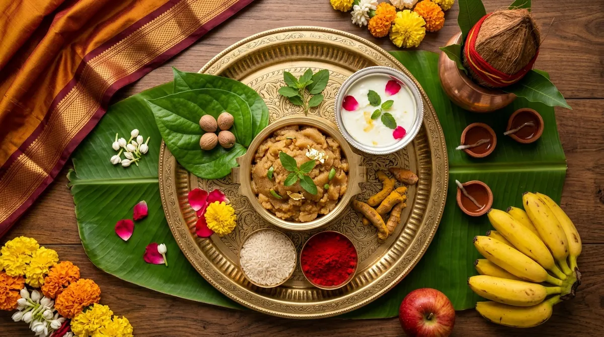 Satyanarayan pooja samagri: banana leaves, panchamrit, prasad, tulsi, fruits and betel leaves