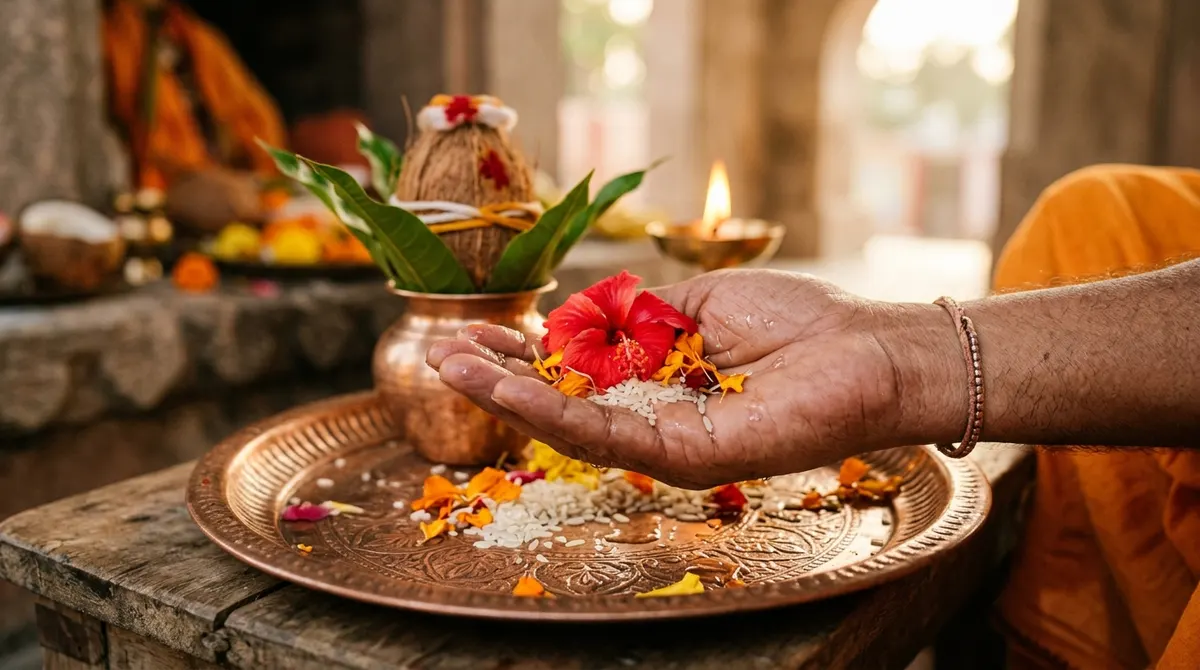 Hand holding water, rice and a flower in the sankalp gesture over a copper plate