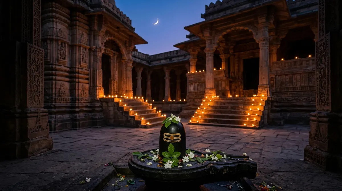 Shivling adorned with bel patra at dusk with a crescent moon and diyas in a temple courtyard